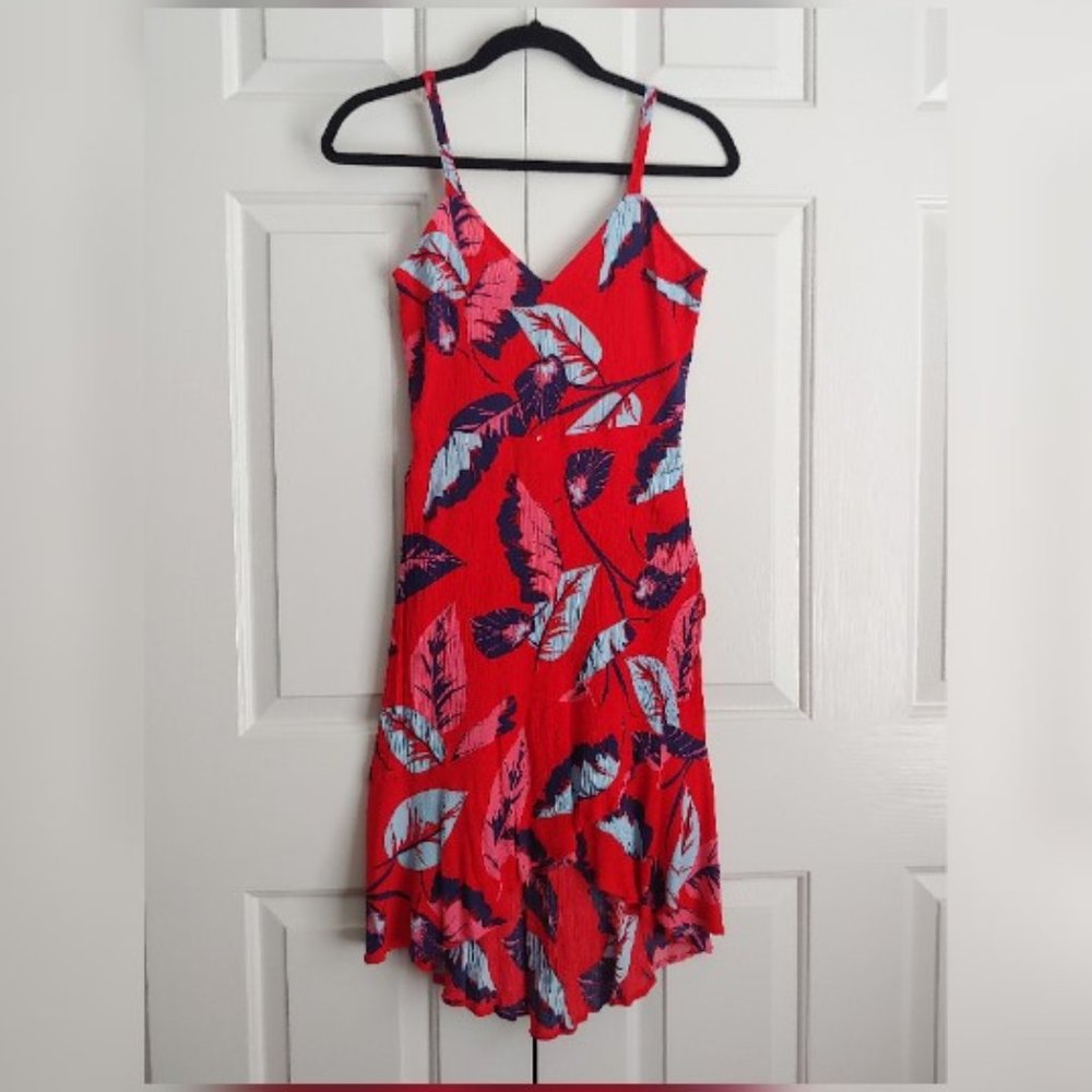 EXPRESS Faux Wrap Tropical Dress Red High-low Size Small Sleeveless